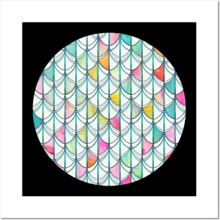 Pencil & Paint Fish Scale Cutout Pattern - white, teal, yellow & pink Posters and Art